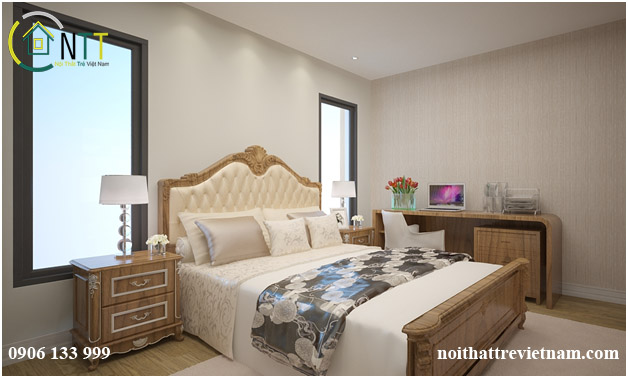 Phòng ngủ cũng được thiết kế theo phong cách hiện đại kết hơp với 1 chút cổ điển