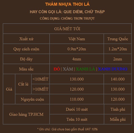 Giá bán thảm nhựa vân lá hình thoi rẻ nhất Hà Nội & TPHCM