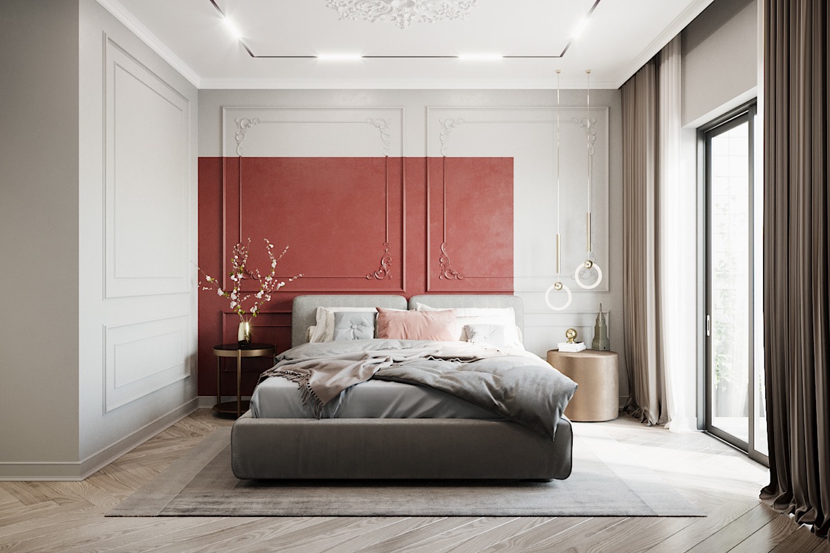Mẫu 5: Sơn mảng tường màu đỏ trên nền màu xám cho phòng ngủ thêm cuốn hút