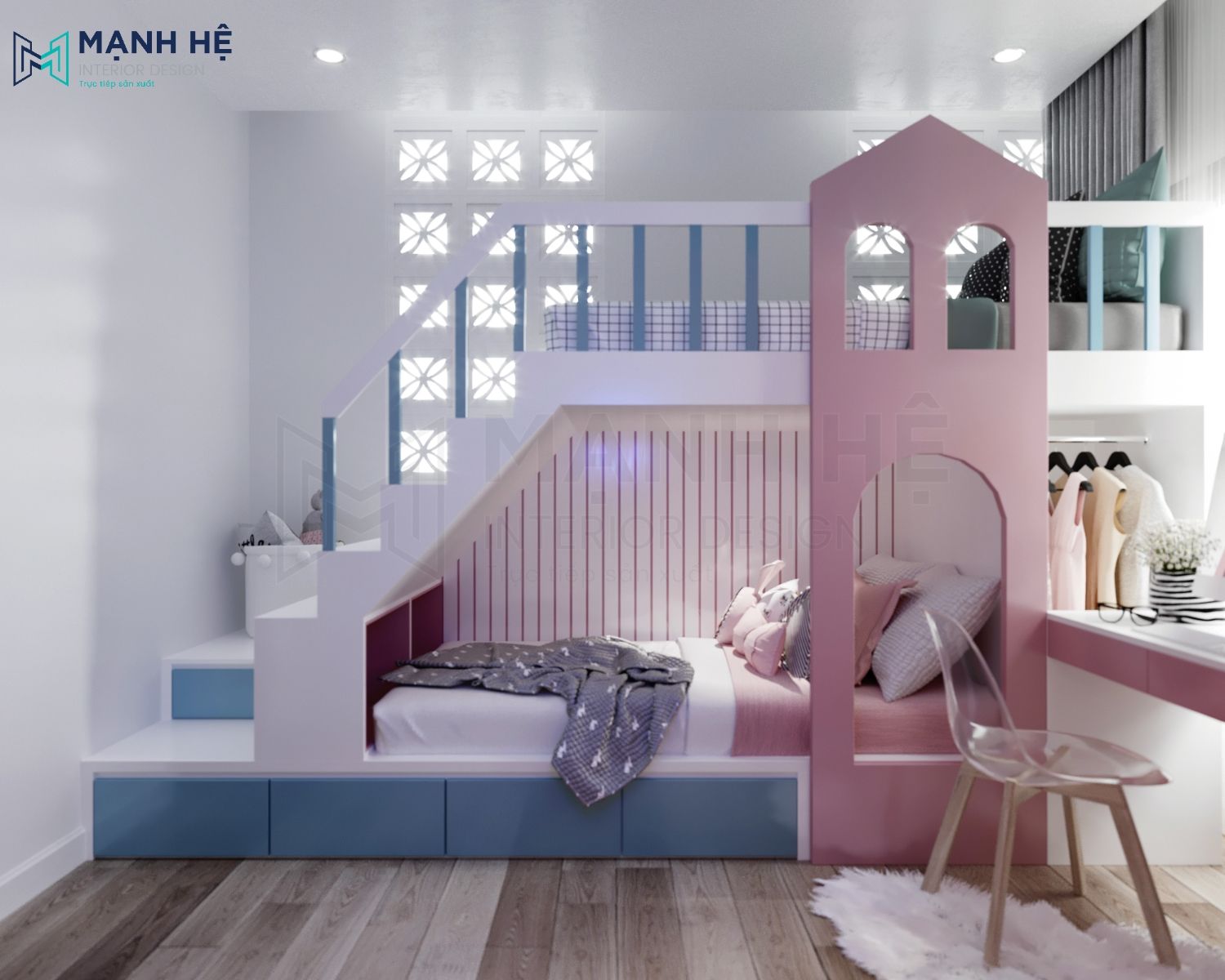 giường tầng màu hồng và xanh hình ngôi nhà đẹp