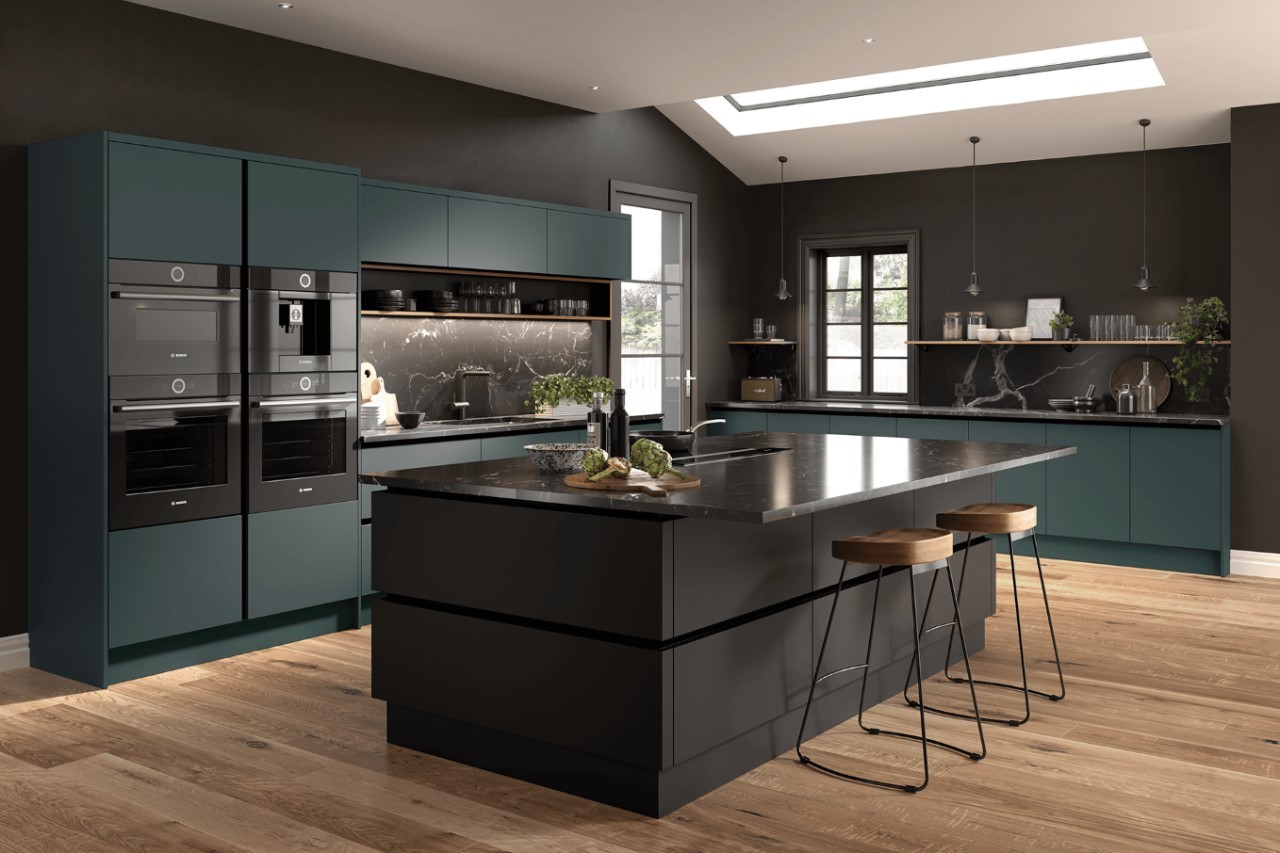 Tủ bếp được thiết kế theo phong cách hiện đại có màu xanh lục