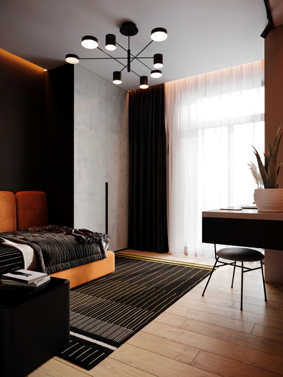Phối nội thất màu đen cùng màu cam cho phòng ngủ cá tính