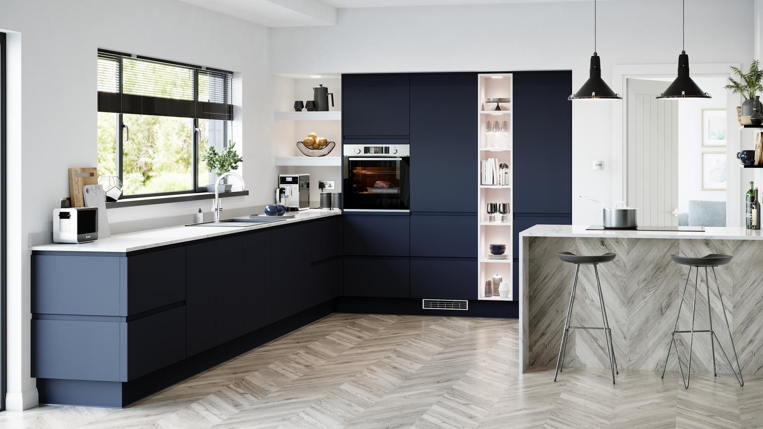 Tủ bếp màu xanh đen hiện đại