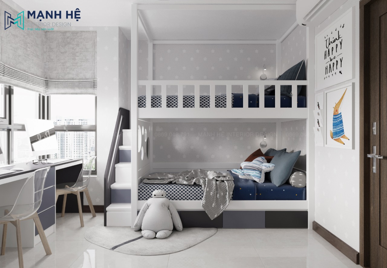 mẫu phòng ngủ đôi cho bé trai và bé gái có giường tầng cho bé