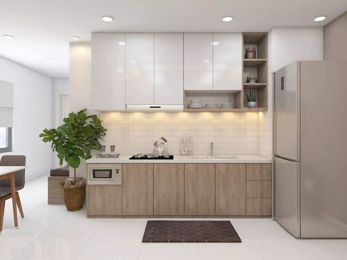 Tủ bếp nhựa Picomat phối màu vân gỗ và màu trắng hiện đại