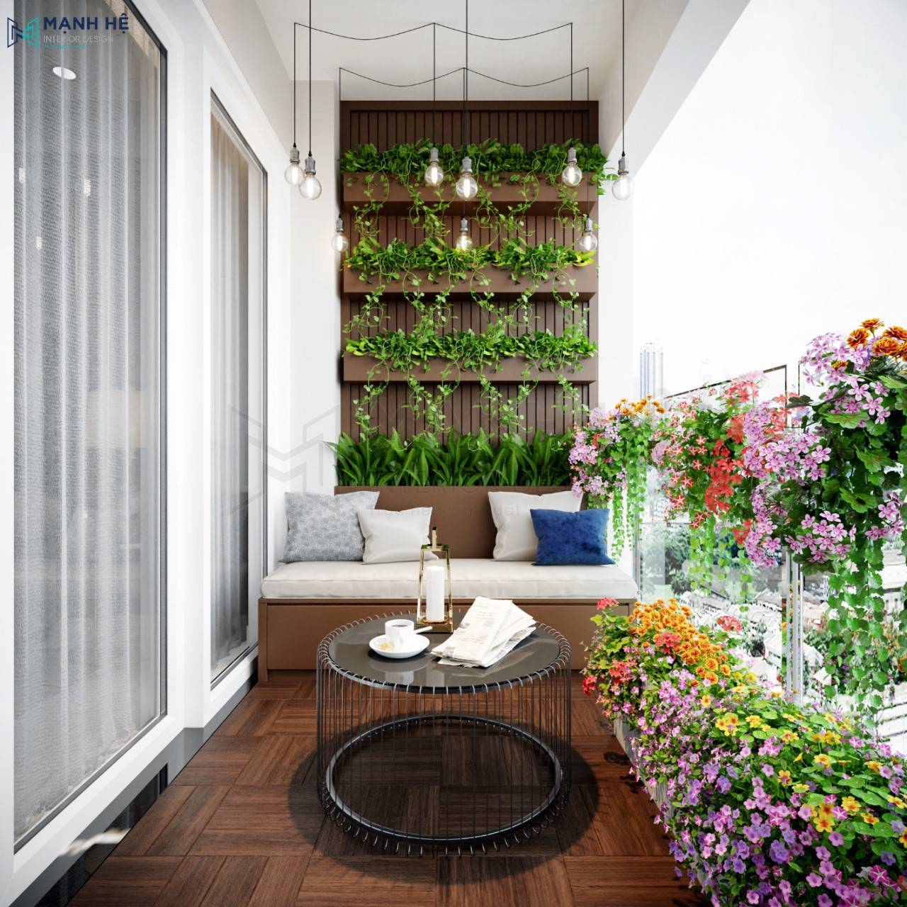 thiết kế ban công chung cư tươi mát với cây và hoa