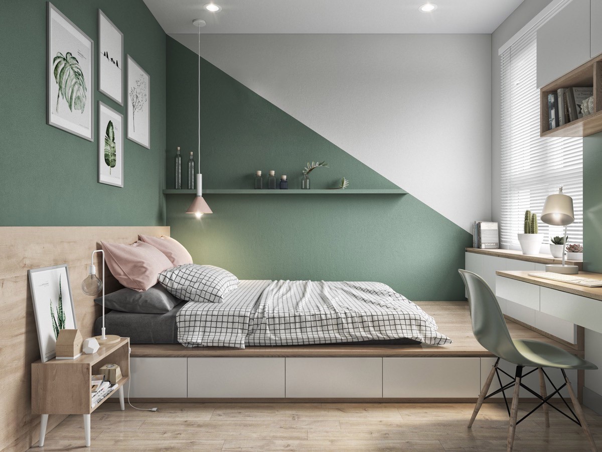Màu sơn phòng ngủ xanh lá cây kết hợp màu trắng hài hòa