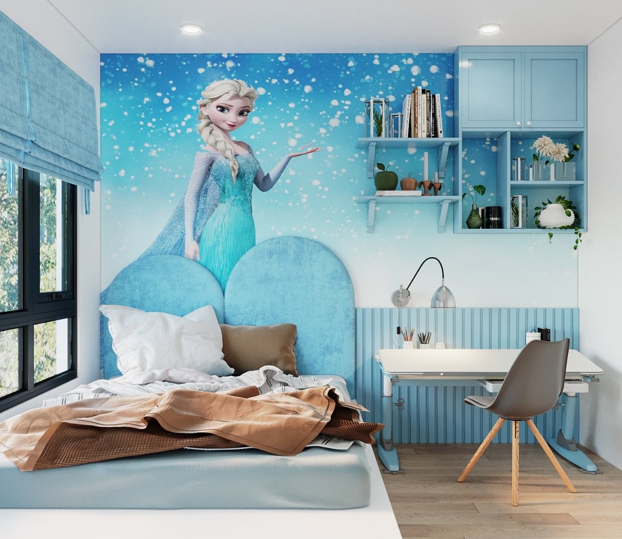 Mẫu phòng ngủ công chúa elsa màu xanh tươi mát