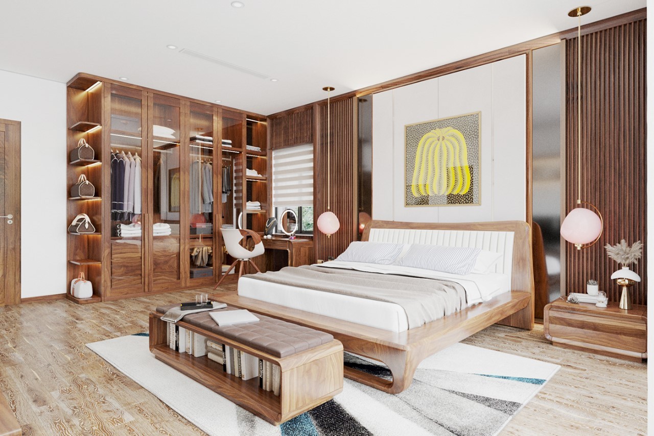 Thiết kế phòng ngủ ông bào gỗ tự nhiên đẹp mộc mạc