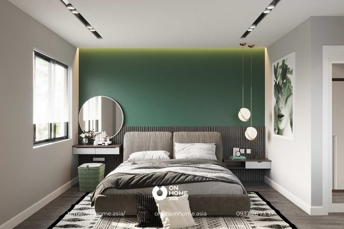 Thiết kế nội thất phòng ngủ với màu xanh lá chủ đạo